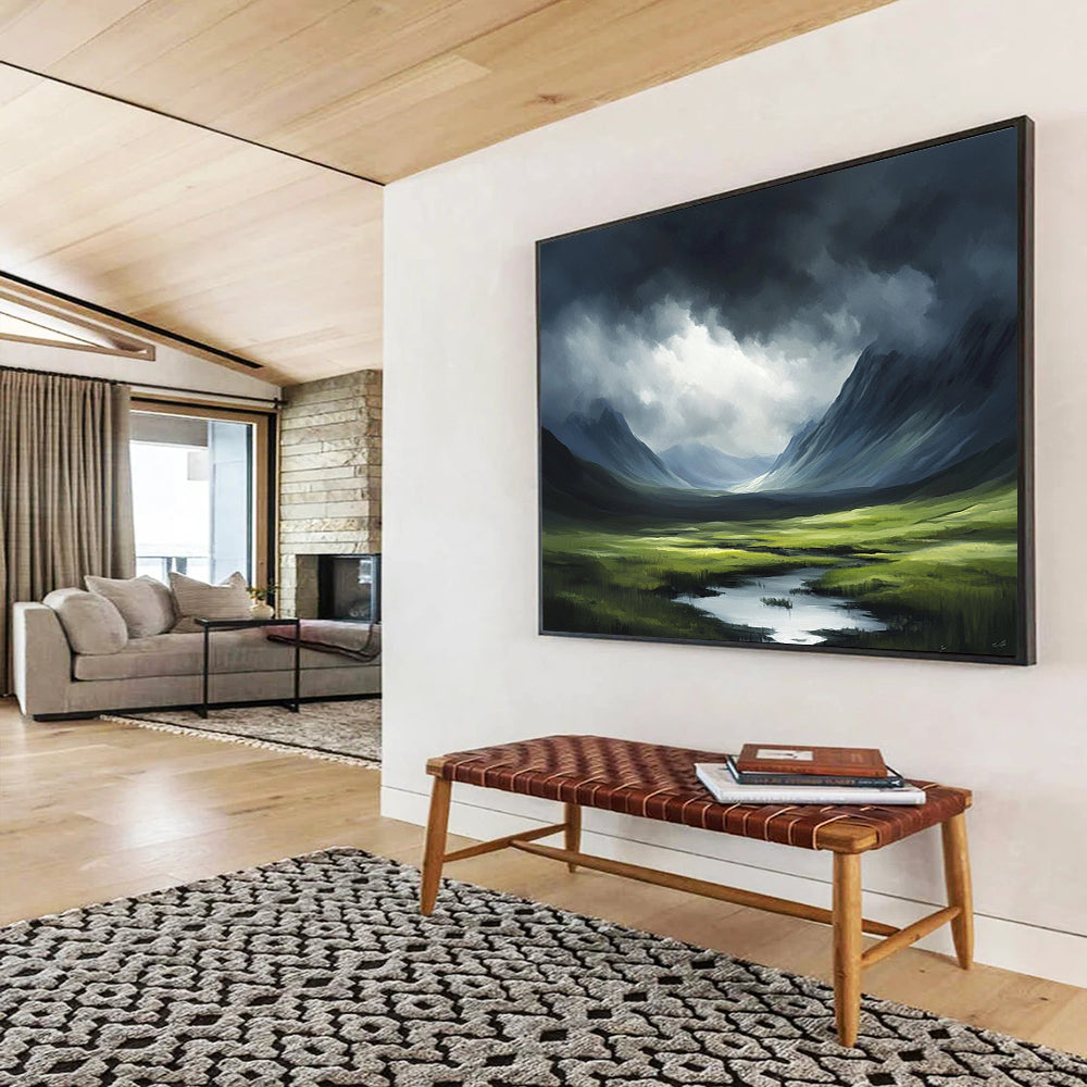 “Moody Mountain Landscape with Light” - Green, Blue, Gray, Dramatic Mountain Scene - Oil Painting HB1643