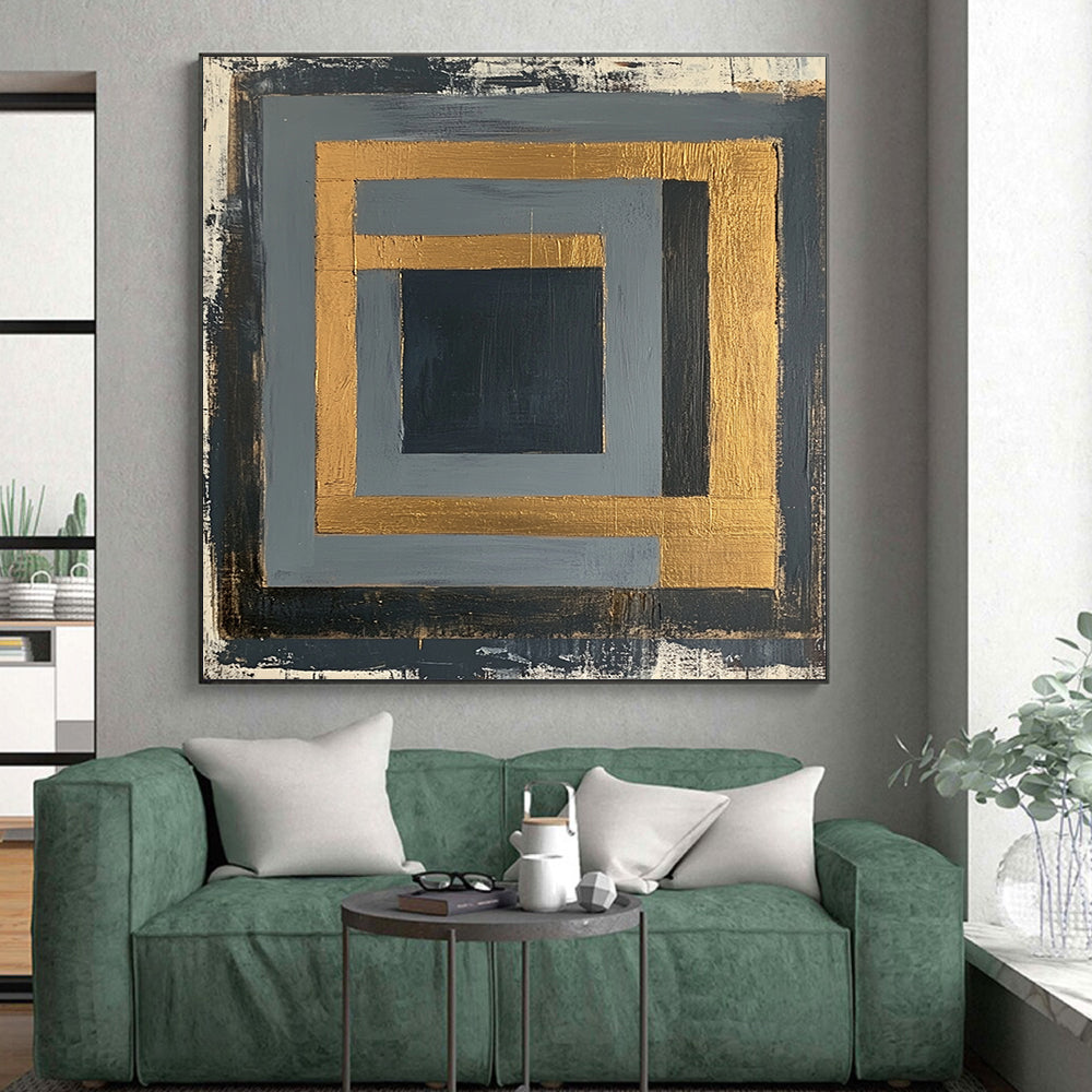 Gray, Black, Gold and White Geometric Frames "Framed Mystery" Painting On Canvas HB349