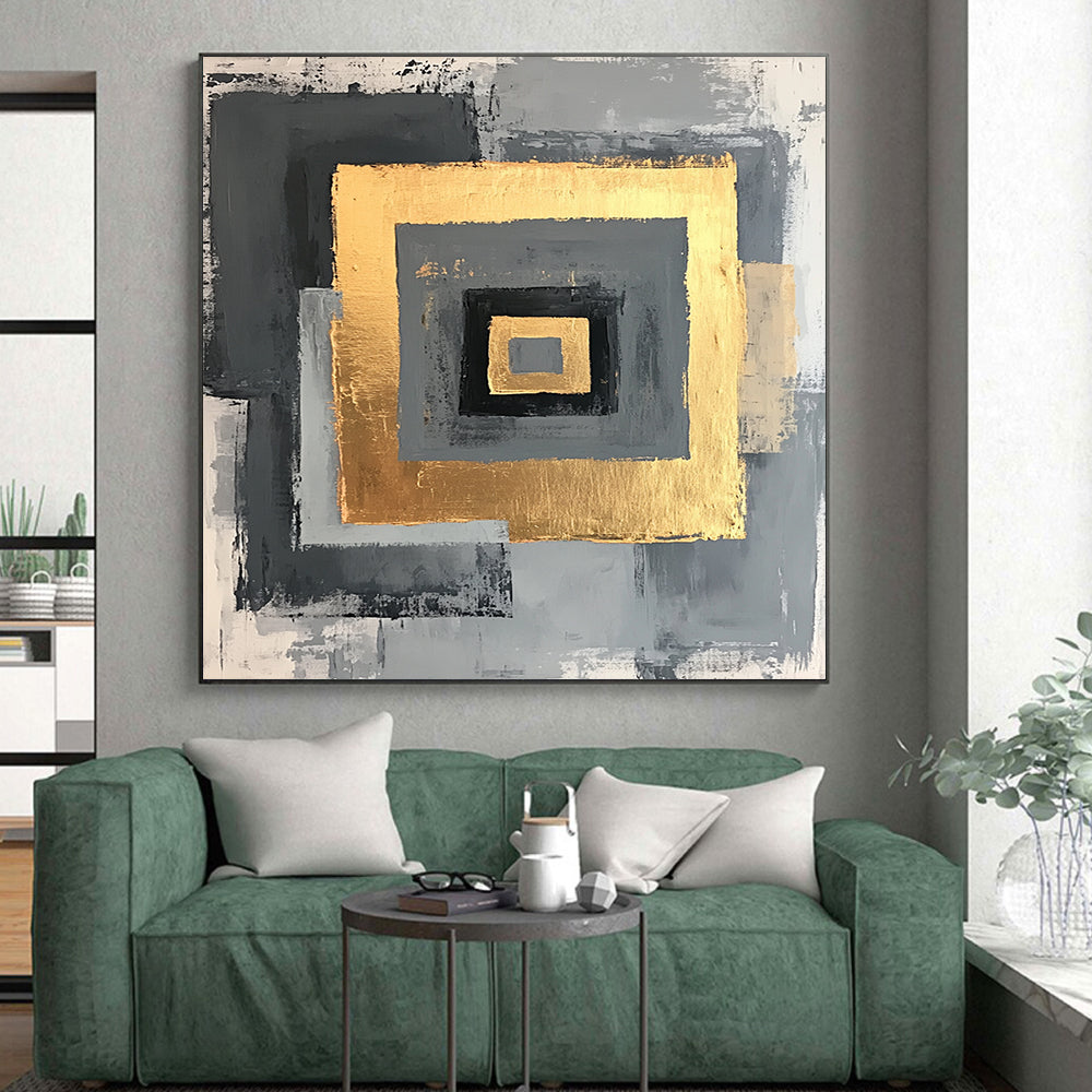Gray, Black, Gold and White Geometric Squares "Nested Squares" Painting On Canvas HB347