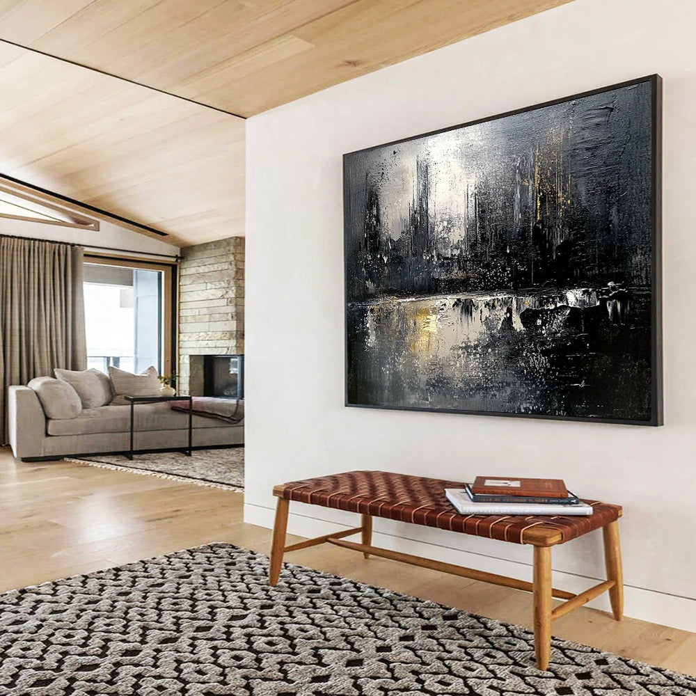 “Monochrome Cityscape Reflection” - Black, White, Gold, Abstract City Reflection HB1129