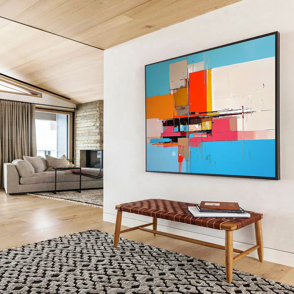 “Geometric Color Blocks” - Blue, Orange, Pink, Abstract Cubist - inspired Painting On Canvas HB1101