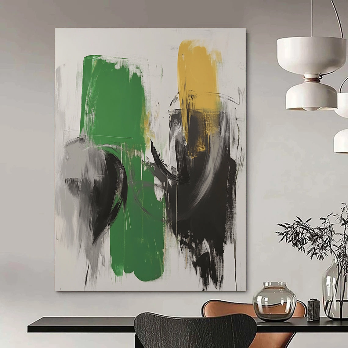 Large contemporary hand-painted abstract artwork featuring green and white tones with black strokes and blurred robot forms in dark gray. DLZ0523