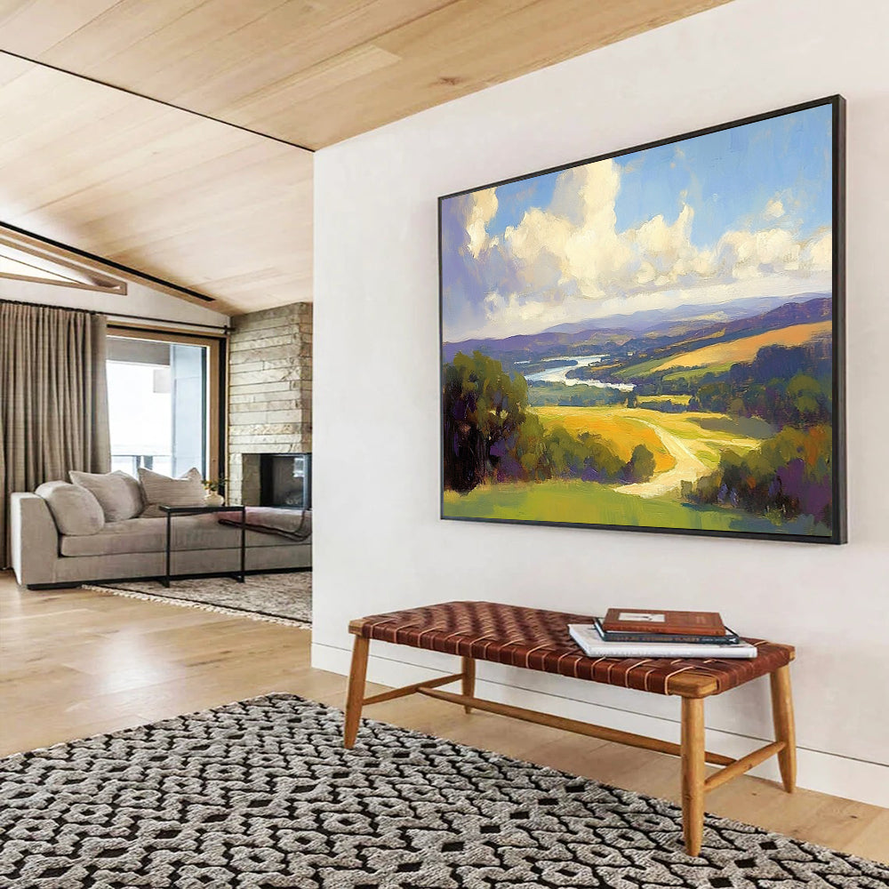 “Vibrant Panoramic Landscape” - Blue, Green, Yellow, Purple, Detailed Scenic View - Oil Painting HB1657