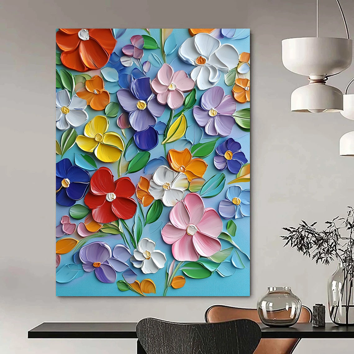 Vibrant contemporary hand-painted abstract artwork featuring blooming flowers in bold colors with textured strokes on a light blue canvas. DLZ1493