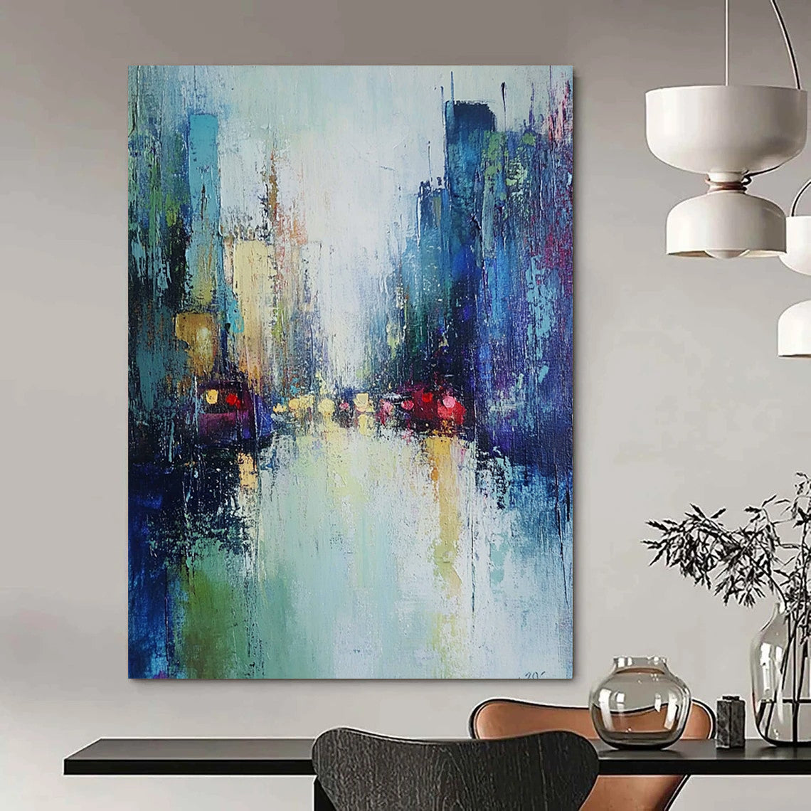 Contemporary hand-painted abstract art featuring a misty cityscape in soft greens and blues, enhanced by loose brushwork for an atmospheric effect. DLZ0604