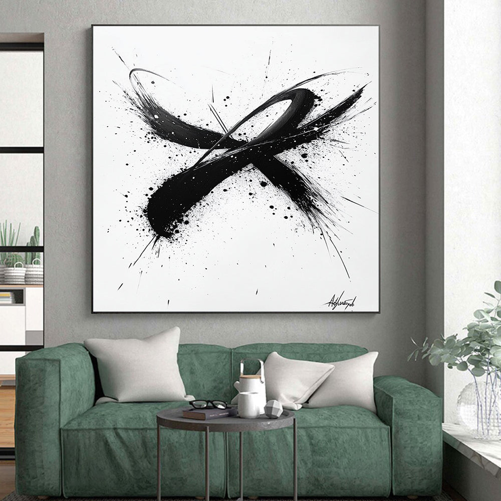 Black Brush Strokes & Splatters on White - “Dynamic Ink Energy” Painting On Canvas HB214