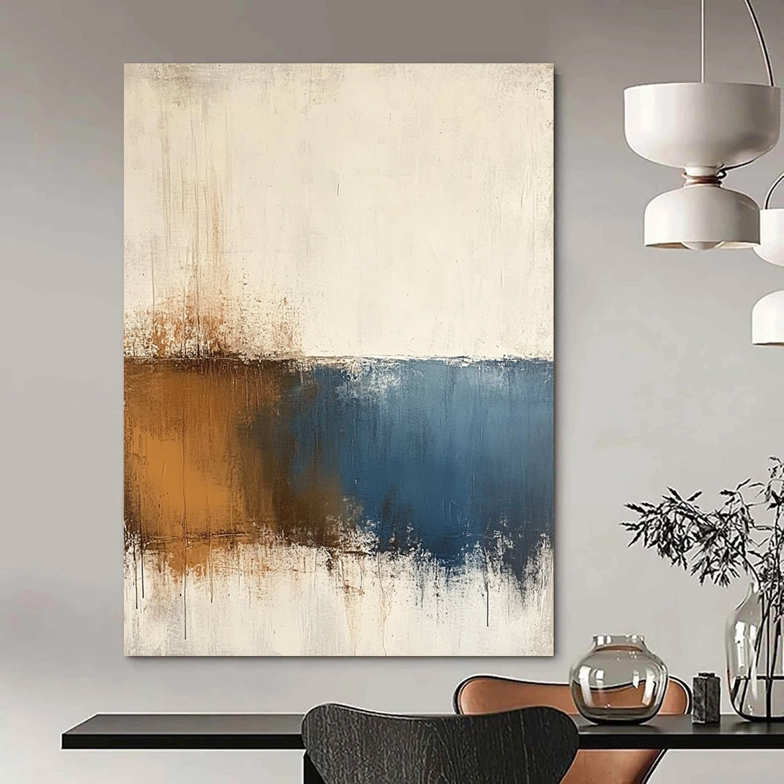 Contemporary hand-painted abstract art features beige and blue tones on a textured white background with minimalist soft edges and subtle brown accents. DLZ0725