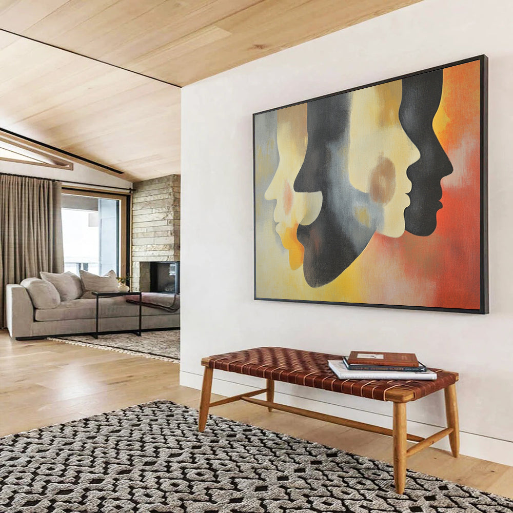 “Colorful Layered Faces” - Gray, Yellow, Red, Abstract Profiles - Surrealist Acrylic Painting HB1490