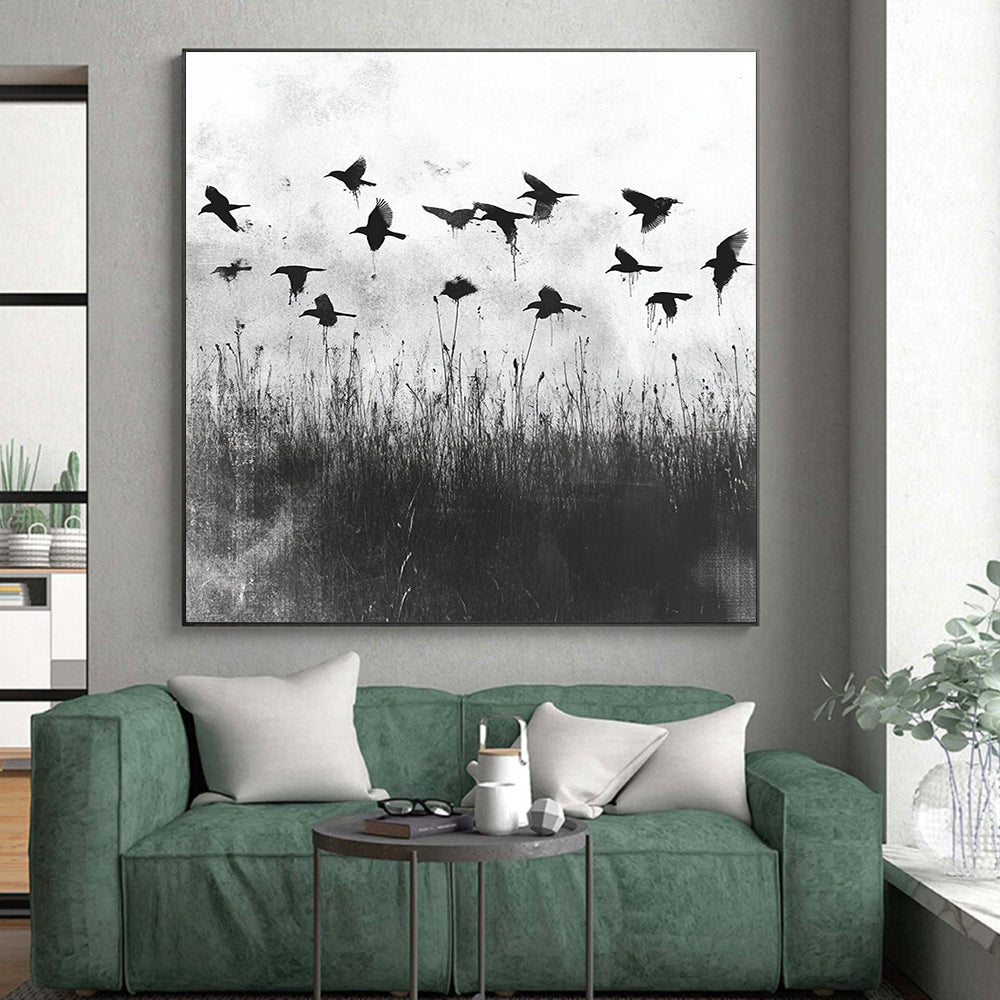 Black and White Birds in Field "Misty Flight" Painting On Canvas HB301
