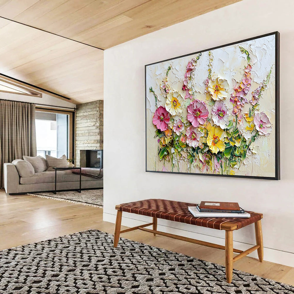 “Textured Floral Bouquet” - Pinks, Yellows, Greens, Thickly Painted Flower Bouquet - Impasto Oil Painting HB1744