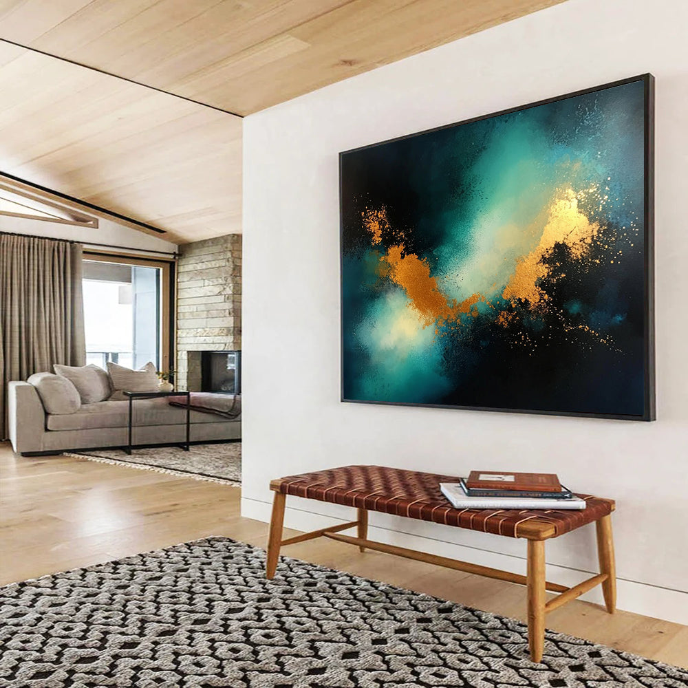 “Cosmic Teal & Gold” - Teal, Gold, Black, Abstract Celestial Clouds Painting On Canvas HB1033