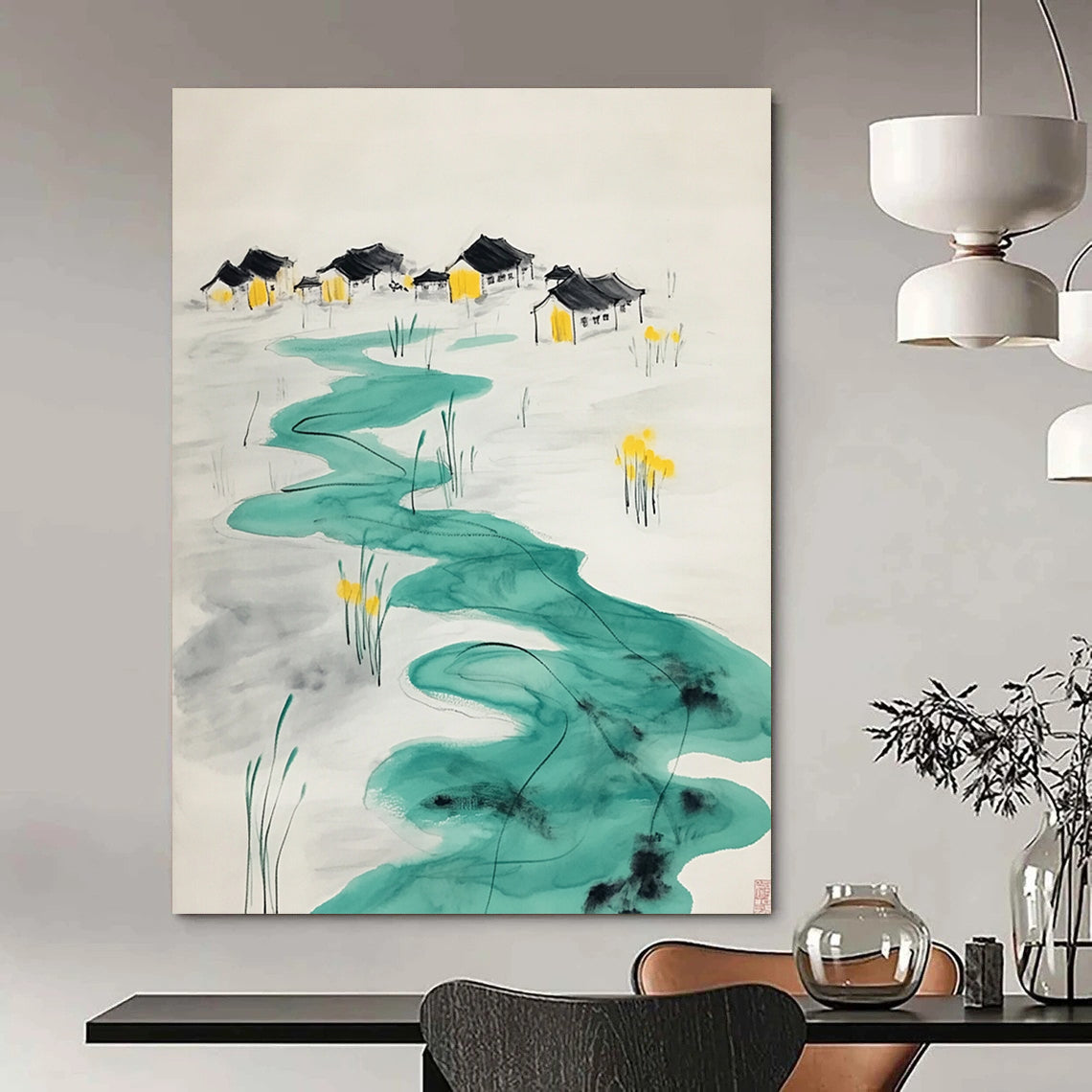 Contemporary hand-painted abstract art features turquoise ripples leading to village houses with yellow figures at an oasis surrounded by serene water lilies. DLZ1565
