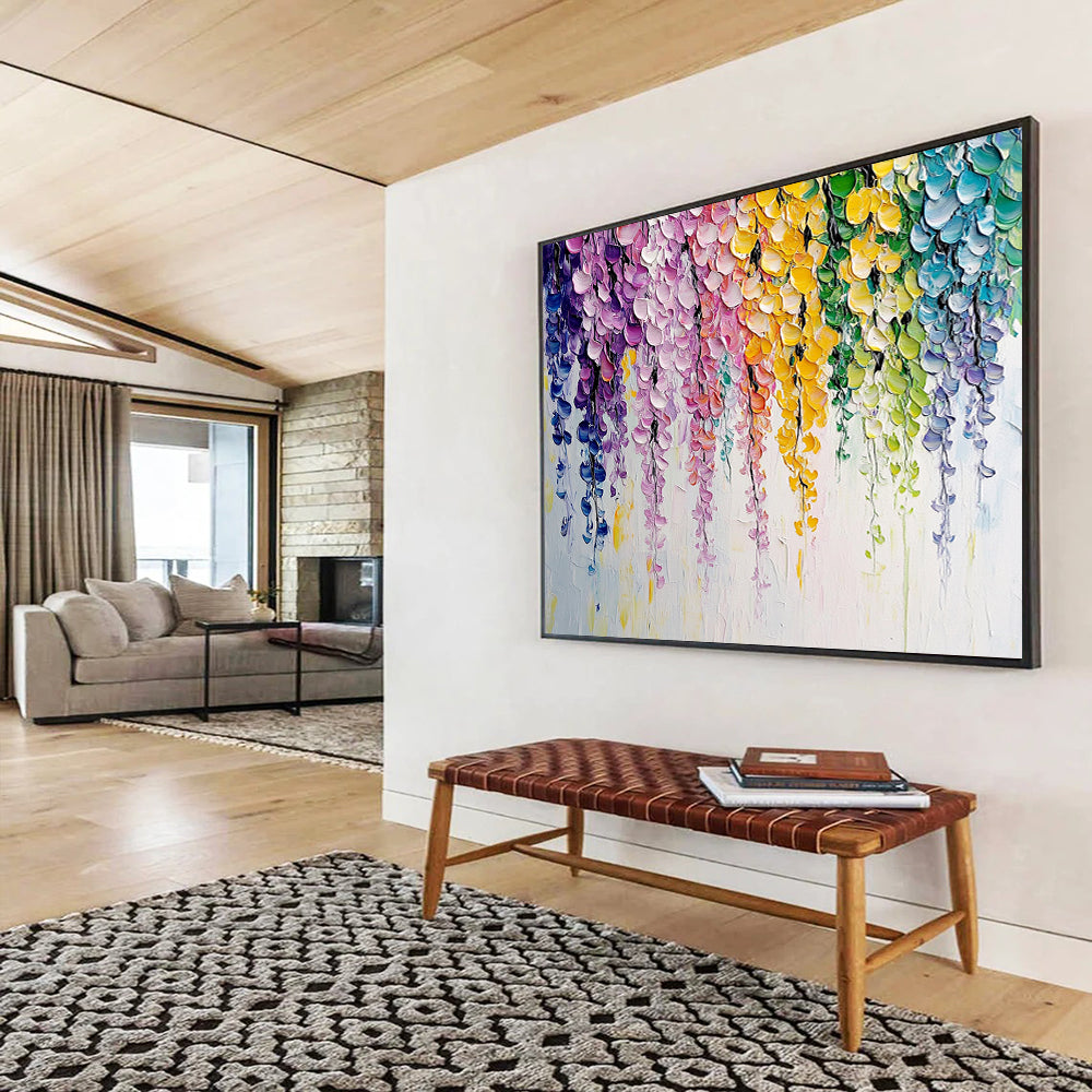 “Colorful Cascading Blooms” - Bright purples, pinks, yellows, greens, blues; Dripping flower blossoms; Impasto Floral Painting On Canvas HB1163