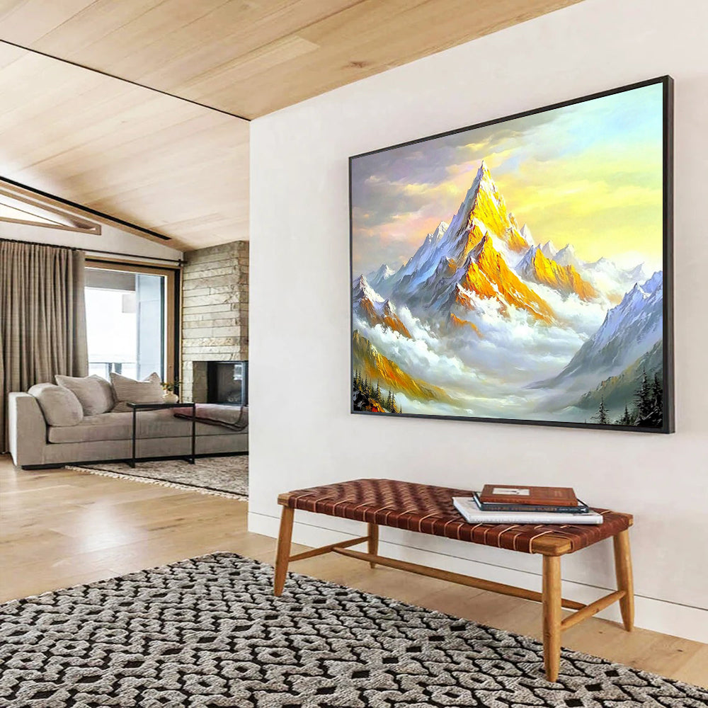 “Sunlit Golden Mountain” - Gold, White, Blue, Colorful Mountain Scene - Oil Painting HB1649