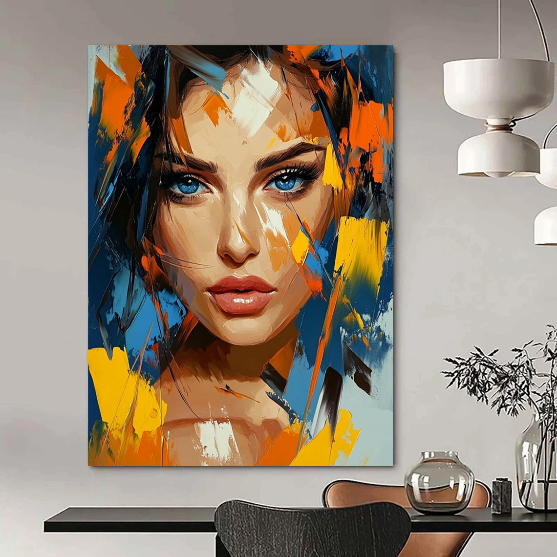 Contemporary abstract artwork featuring vivid colors and geometric shapes with expressive brushstrokes capturing a woman's beauty and depth. DLZ1130