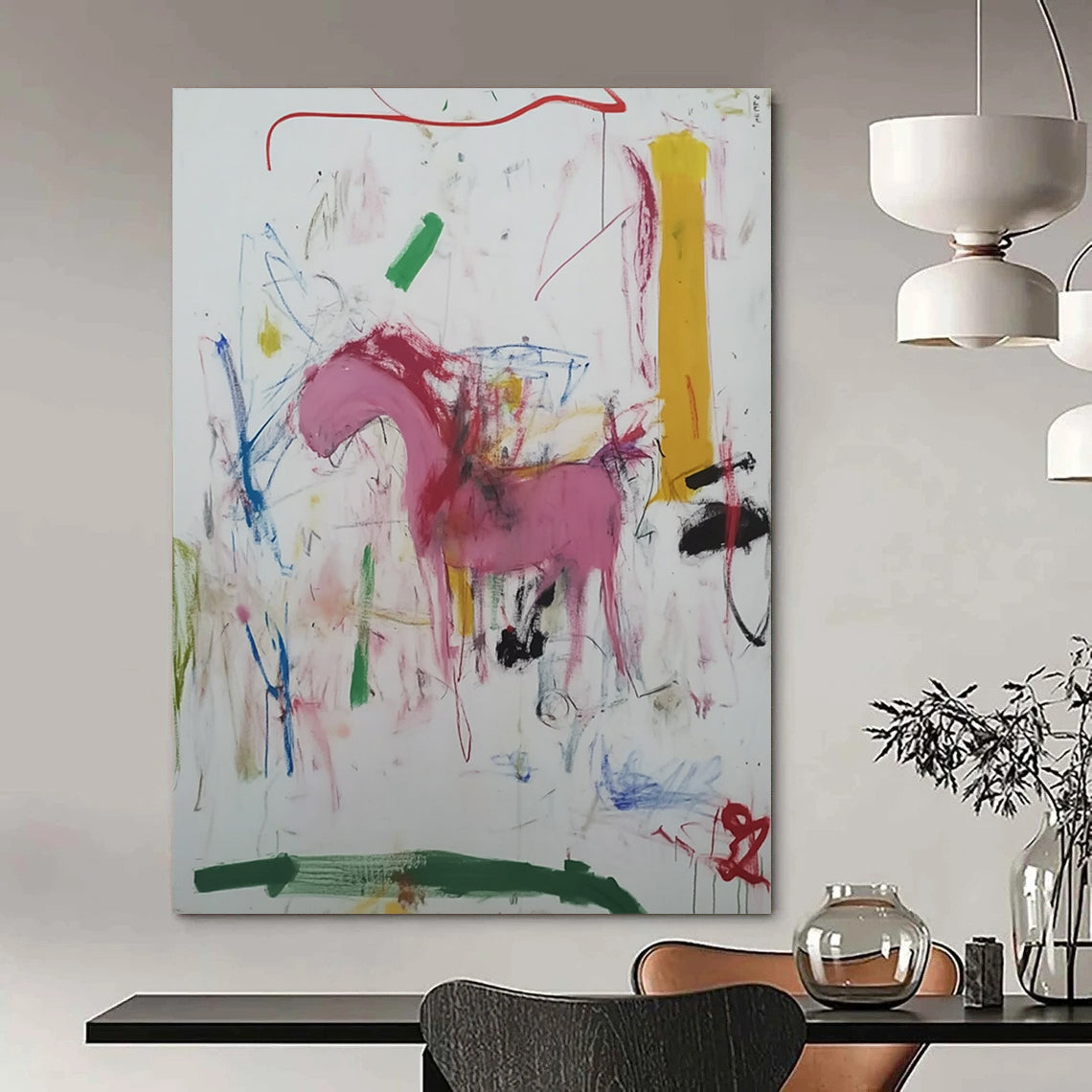 Contemporary abstract artwork featuring vibrant marker scribbles a pink horse a green river a yellow tower and a red arrow accentuating the composition. DLZ1011