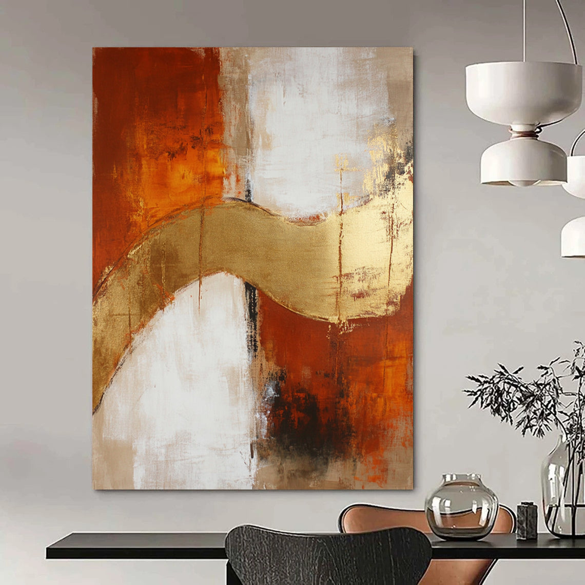 Large contemporary hand-painted abstract artwork featuring beige and rust hues, elegantly accented with gold details. DLZ0726