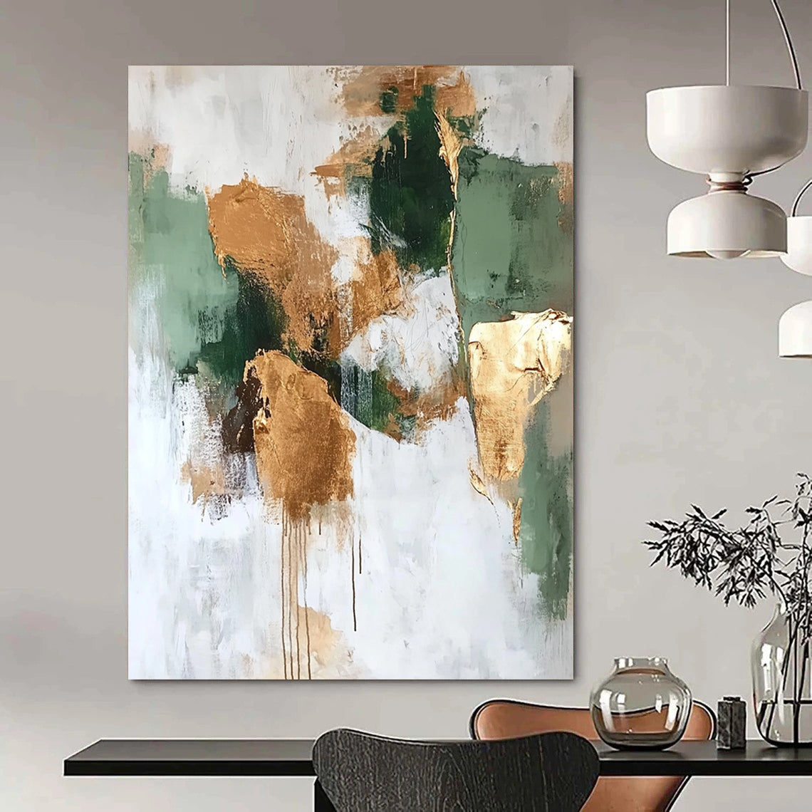 Contemporary abstract artwork features neutral greens and browns with gold foil accents on a white background, perfect for modern decor. DLZ0681