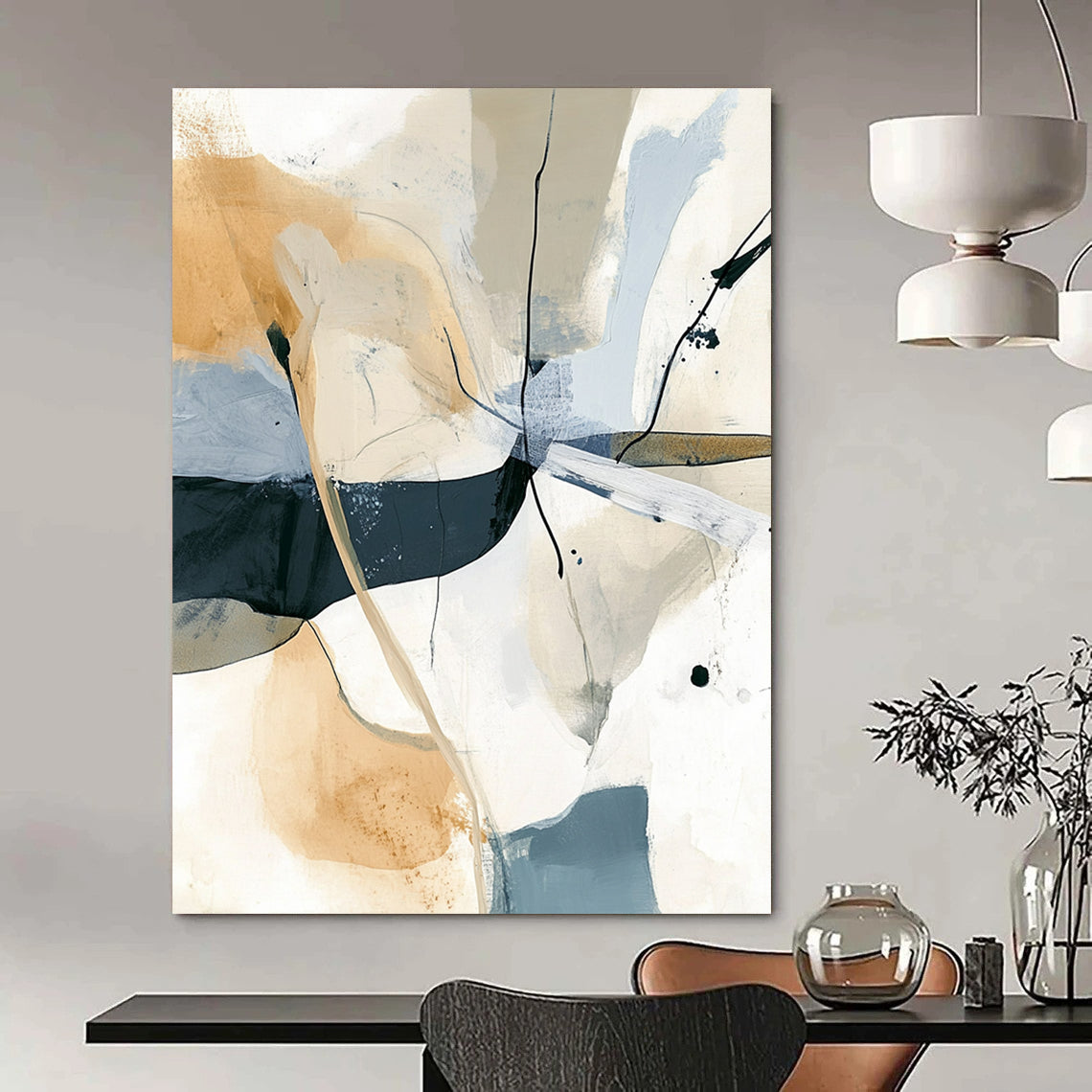 Contemporary hand-painted abstract artwork featuring soft lines and shapes in beige and gray with striking black splashes for a modern aesthetic. DLZ0285