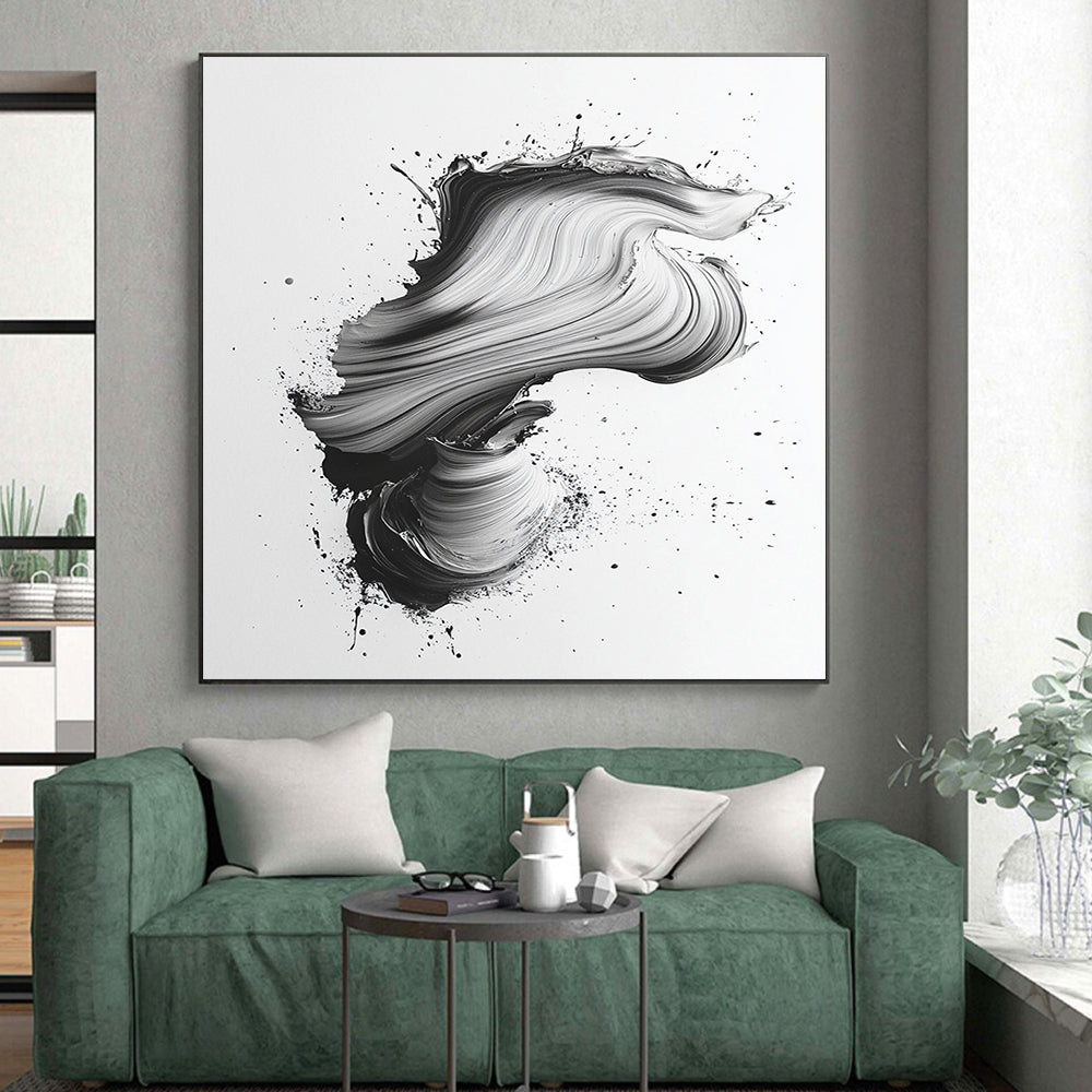 Black & Gray Swirled Brushstrokes on White - “Textured Ink Flow” Painting On Canvas HB220