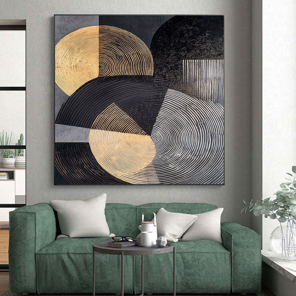 Gray, Black, Gold and Silver Geometric Abstraction "Elegant Geometry" Painting On Canvas HB385