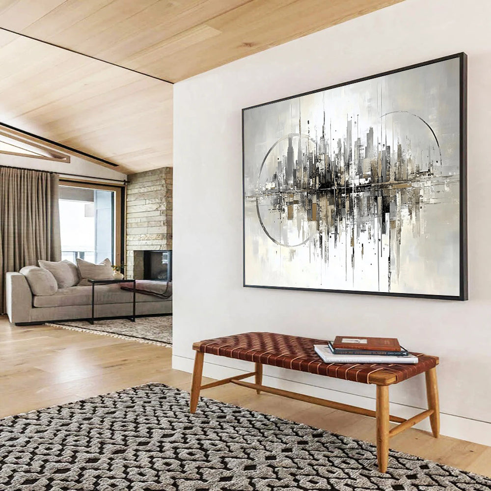 “Abstract Cityscape Reflection” - Gray, Beige, City, Reflection Painting On Canvas HB0765