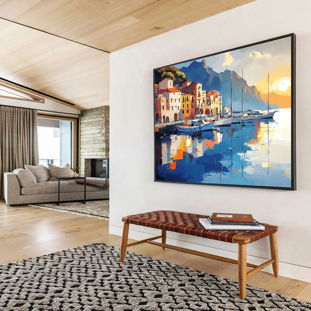 “Harbor Sunset Reflections” - Warm Oranges, Yellows, Cool Blues, Harbor at Sunset - Impasto Oil Painting HB1748