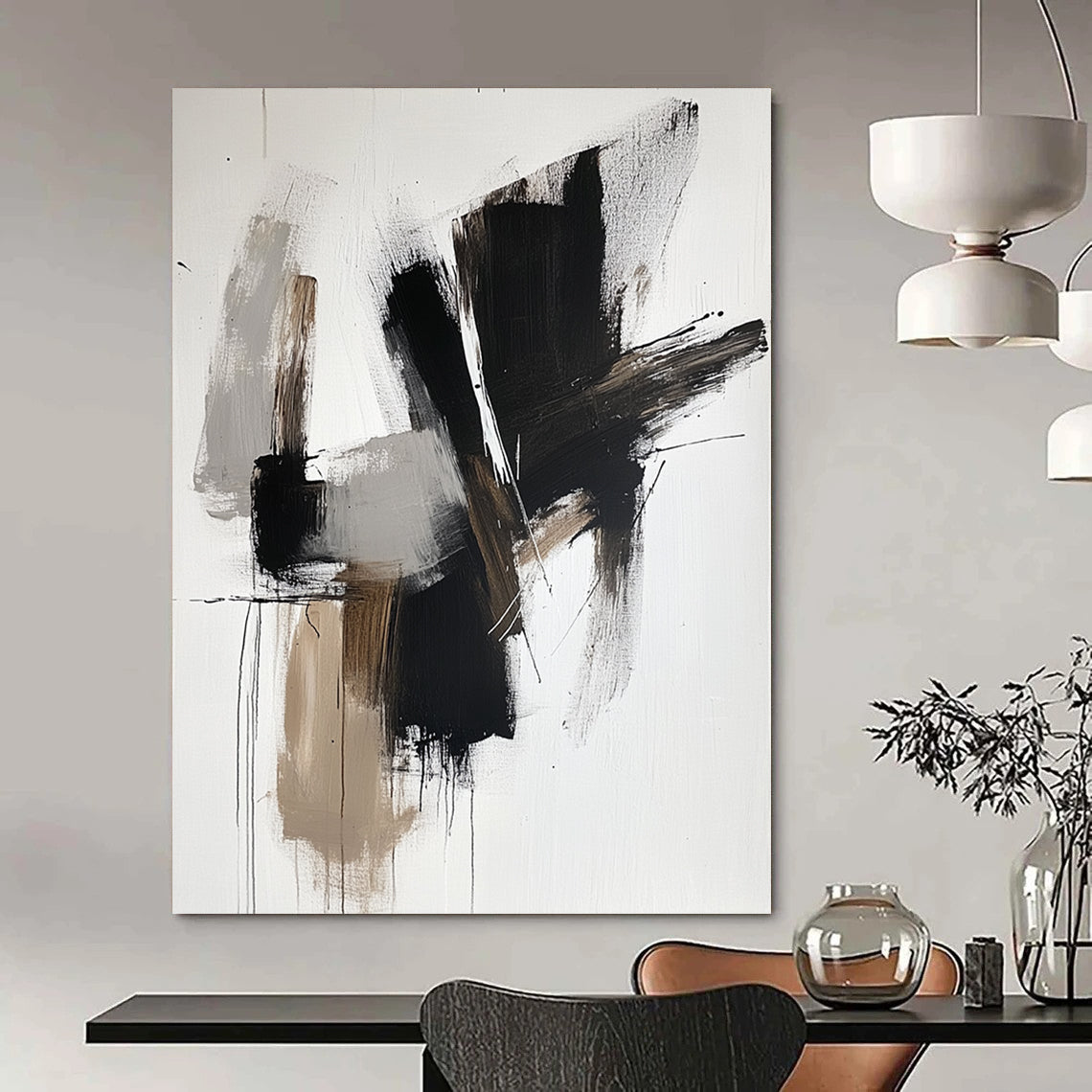 Contemporary hand-painted abstract artwork features bold black shapes with brown tones and white accents on a sleek neutral backdrop. DLZ0316