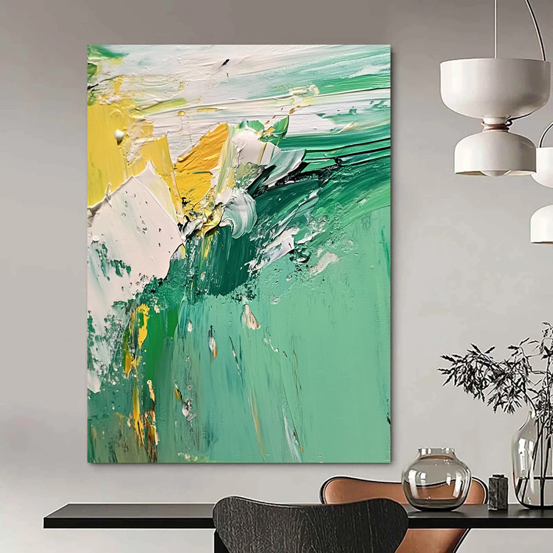 Contemporary abstract artwork featuring a vibrant green and white landscape with textured seafoam created using thick oil and acrylic paint techniques. DLZ0598