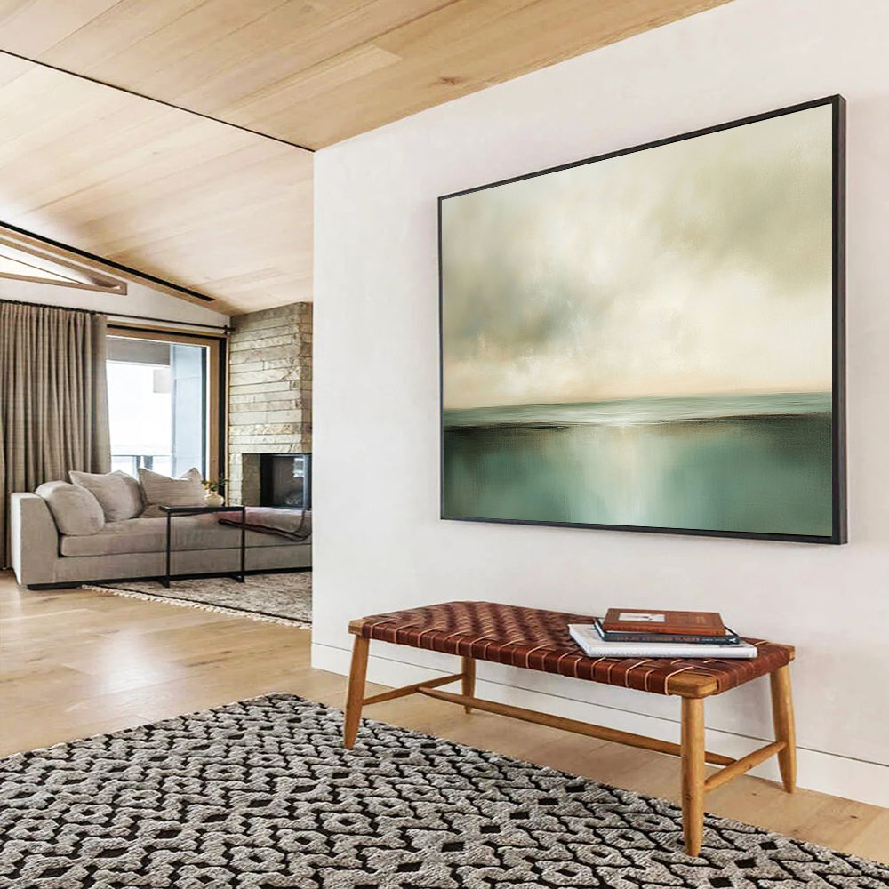 “Soft Green Horizon” - Green, Beige, Calm Sky and Water Painting On Canvas HB0930