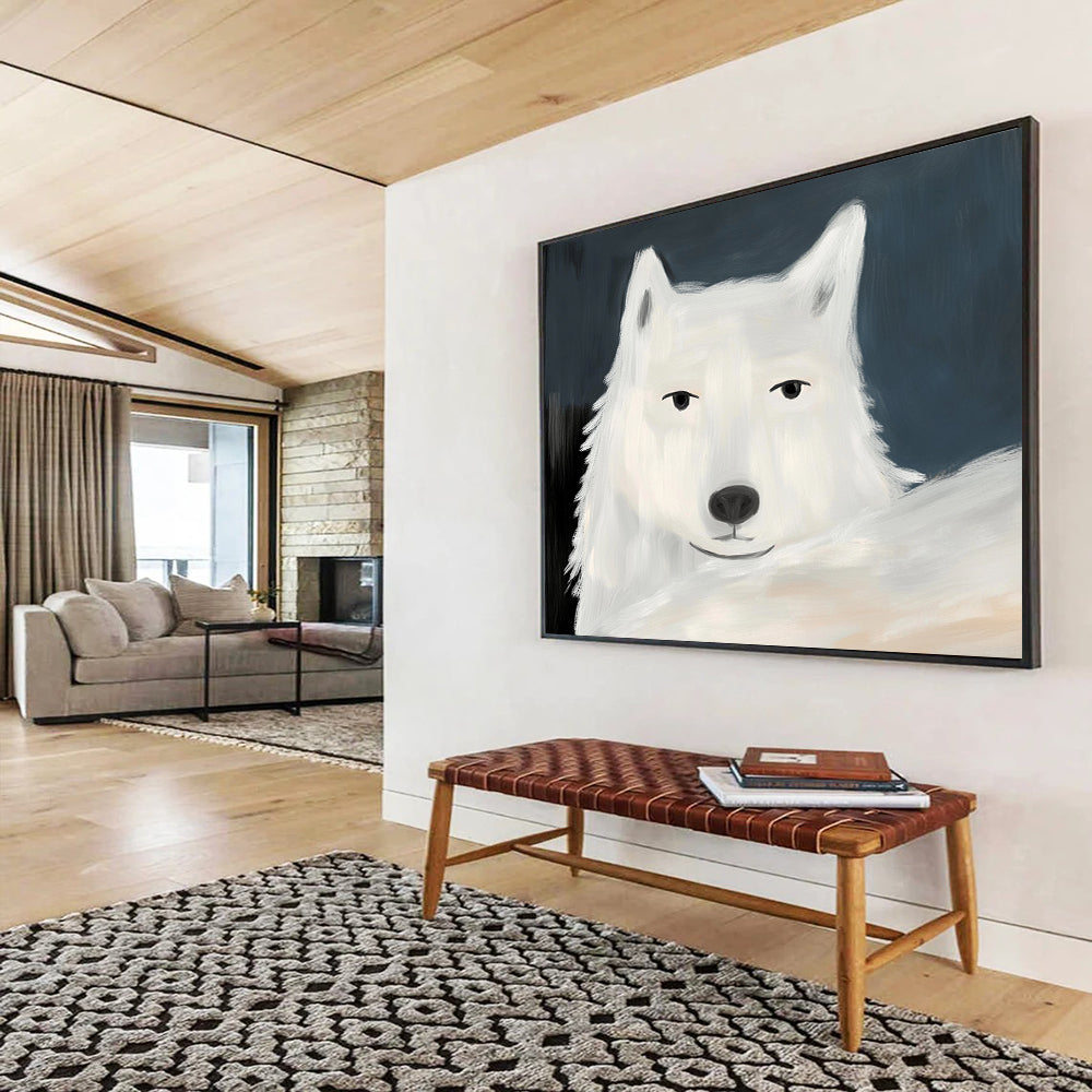 “Charming White Wolf Portrait” - White, Gray, Blue, Animal Portrait Painting On Canvas HB0775