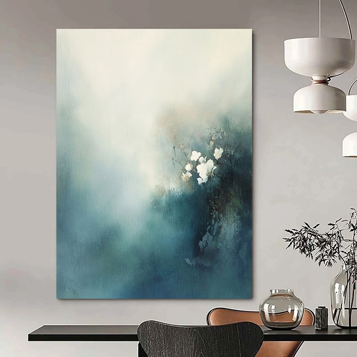Contemporary hand-painted abstract art features misty clouds and delicate white flowers in blue-green tones, evoking mystery and tranquility with soft textures. DLZ0558