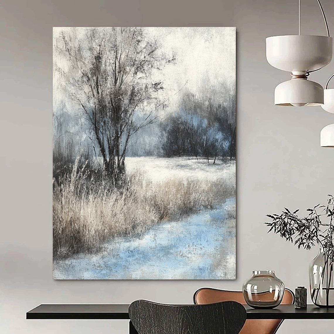 Contemporary hand-painted abstract artwork captures serene winter landscape with soft pastel colors and textured brushstrokes for a tranquil ambiance. DLZ1524