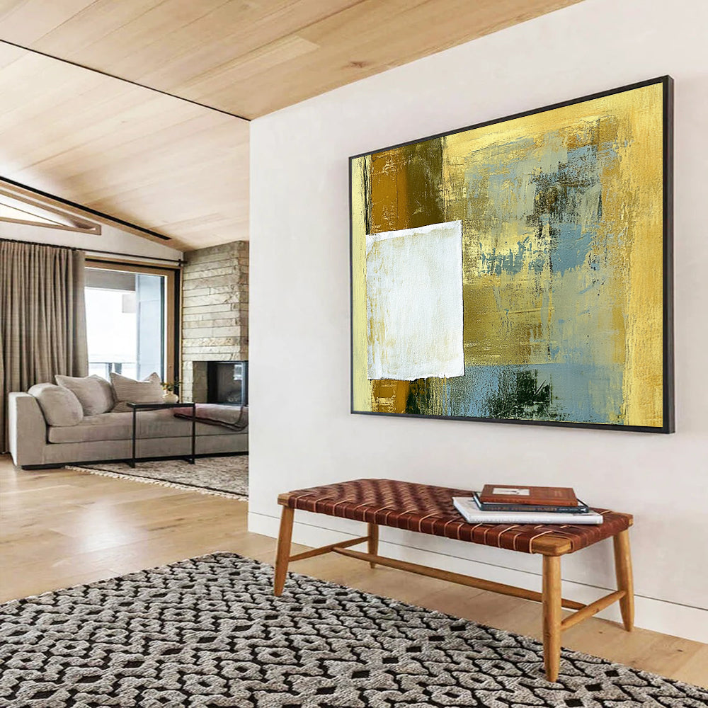 “Textured Gold - Blue Square” - Layered gold and blue with a raw - edged white square, Mixed - Media Abstract Painting On Canvas HB0541