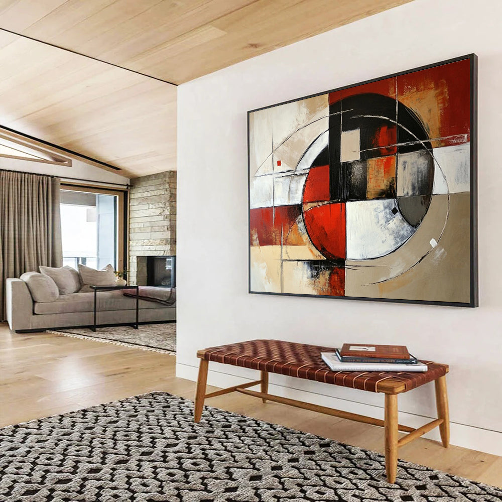 “Circular Geometric Abstract” - Red, black, white, beige, gray; Circular and linear geometric abstract; Acrylic Painting On Canvas HB1242