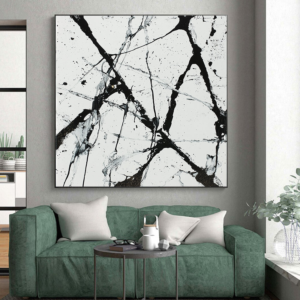Black, White, Gray, Web - like Lines "Chaotic Web" Abstract Expressionist Painting On Canvas HB046