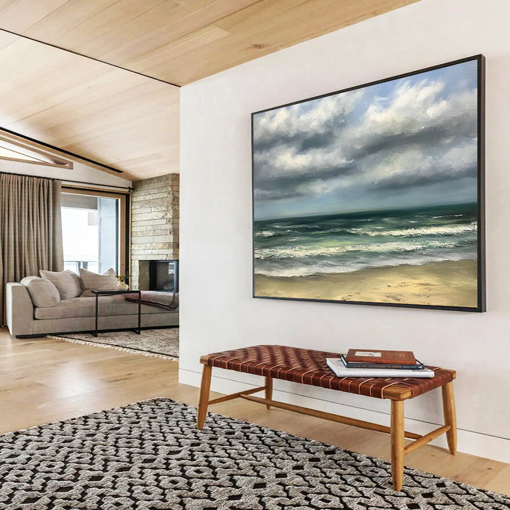 Green, Blue, Gray and Beige Cloudy Seaside "Calm Coast" Painting On Canvas HB0671