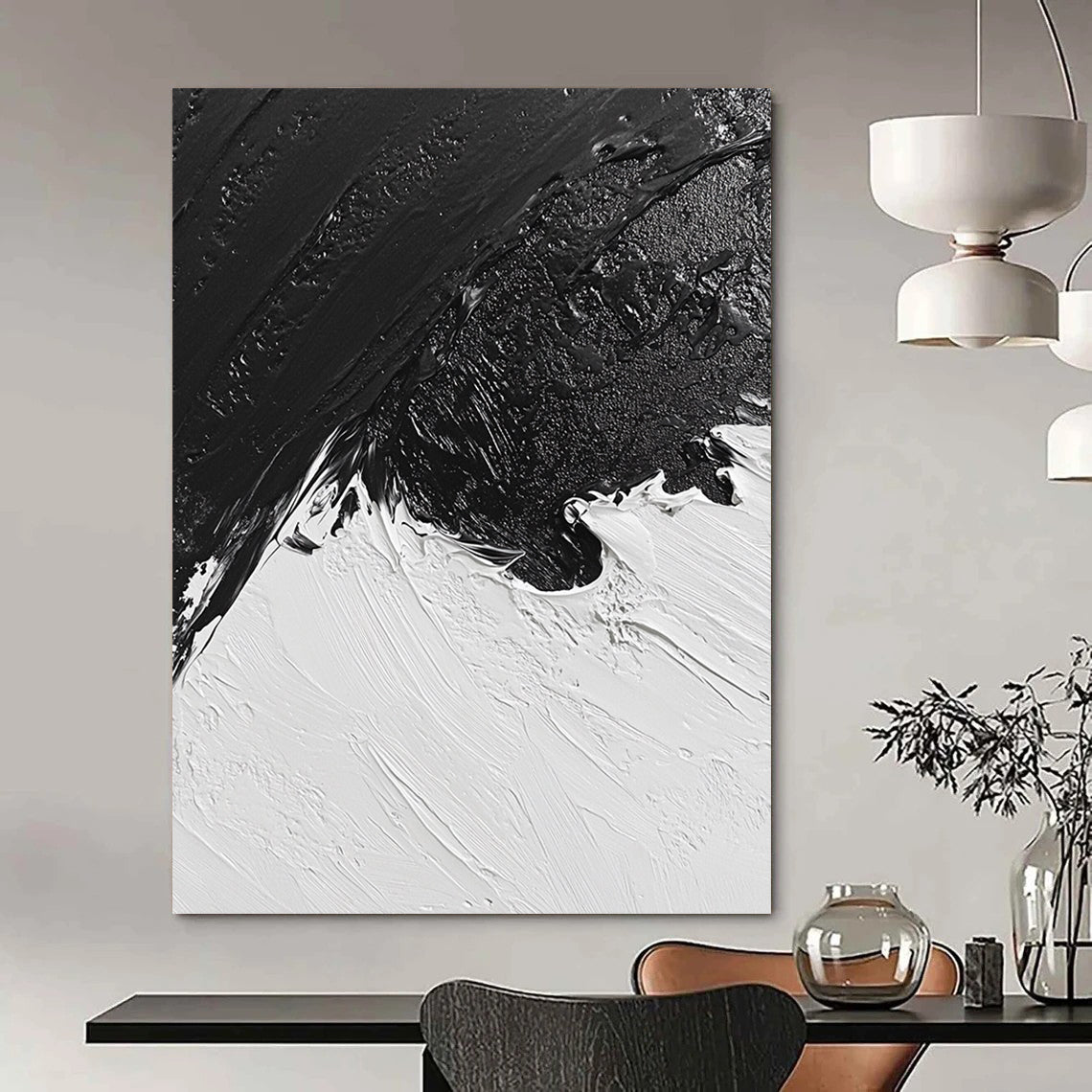 Contemporary abstract oil painting features a snowy landscape in black and white inspired by classic artistry, capturing a unique aerial perspective. DLZ0298