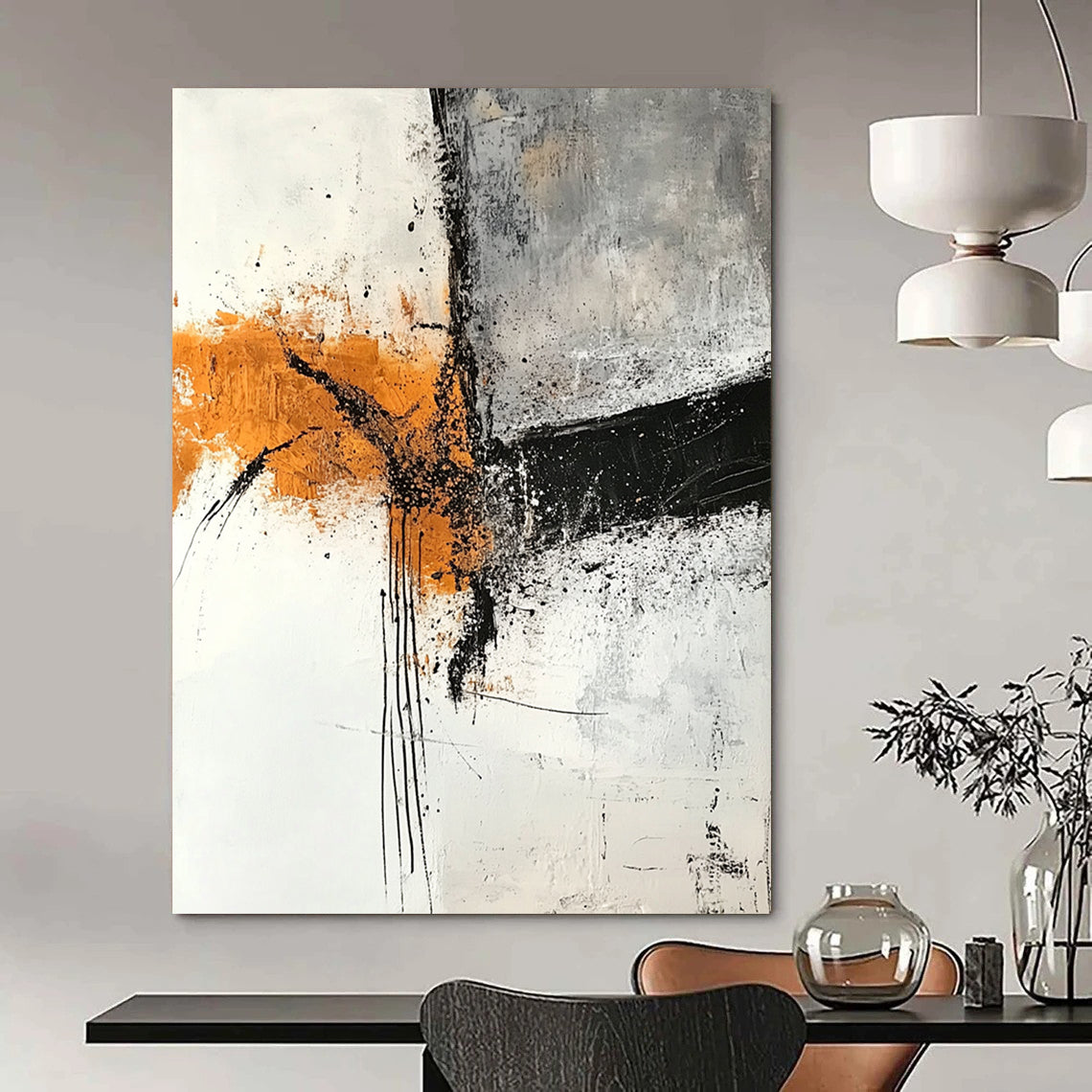 Contemporary abstract artwork featuring textured layers in gray and amber tones with rust orange highlights on a white canvas and expressive black ink lines. DLZ0274