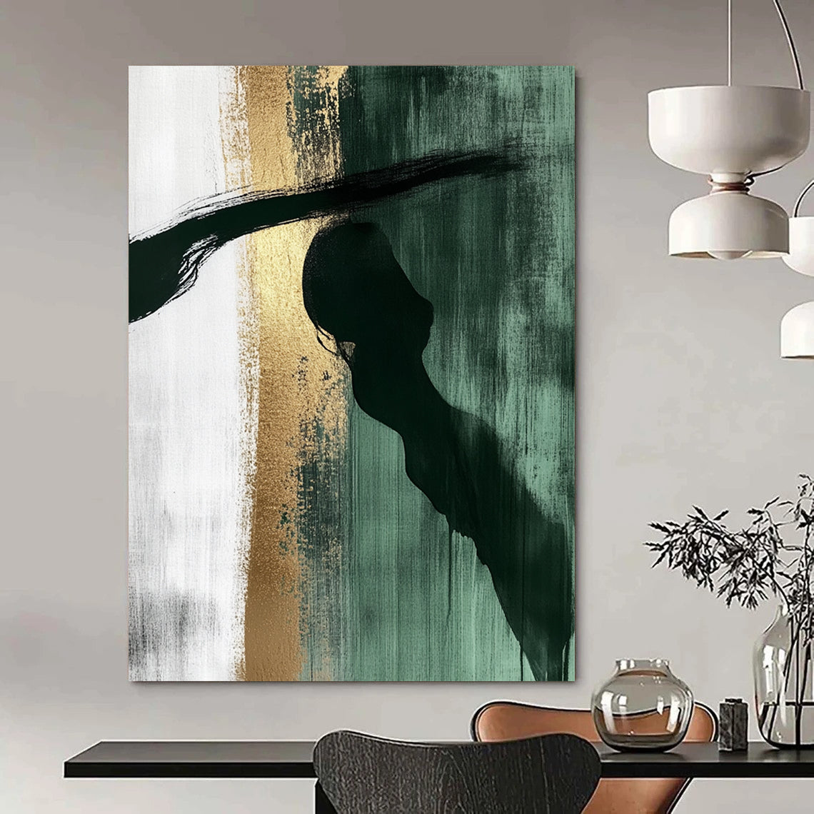 Abstract painting features dark green white gold hues with large brushstrokes a shadowy profile figure evokes calmness and contemplation in a textured watercolor style. DLZ1329
