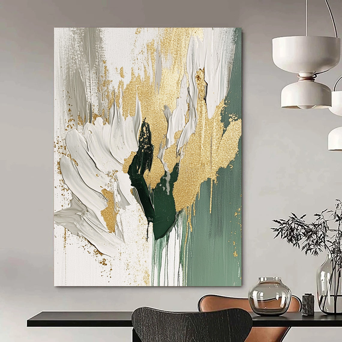 Contemporary abstract artwork featuring a beige and white palette with gold foil accents flowing brush strokes and sage green splashes on a white background. DLZ0906
