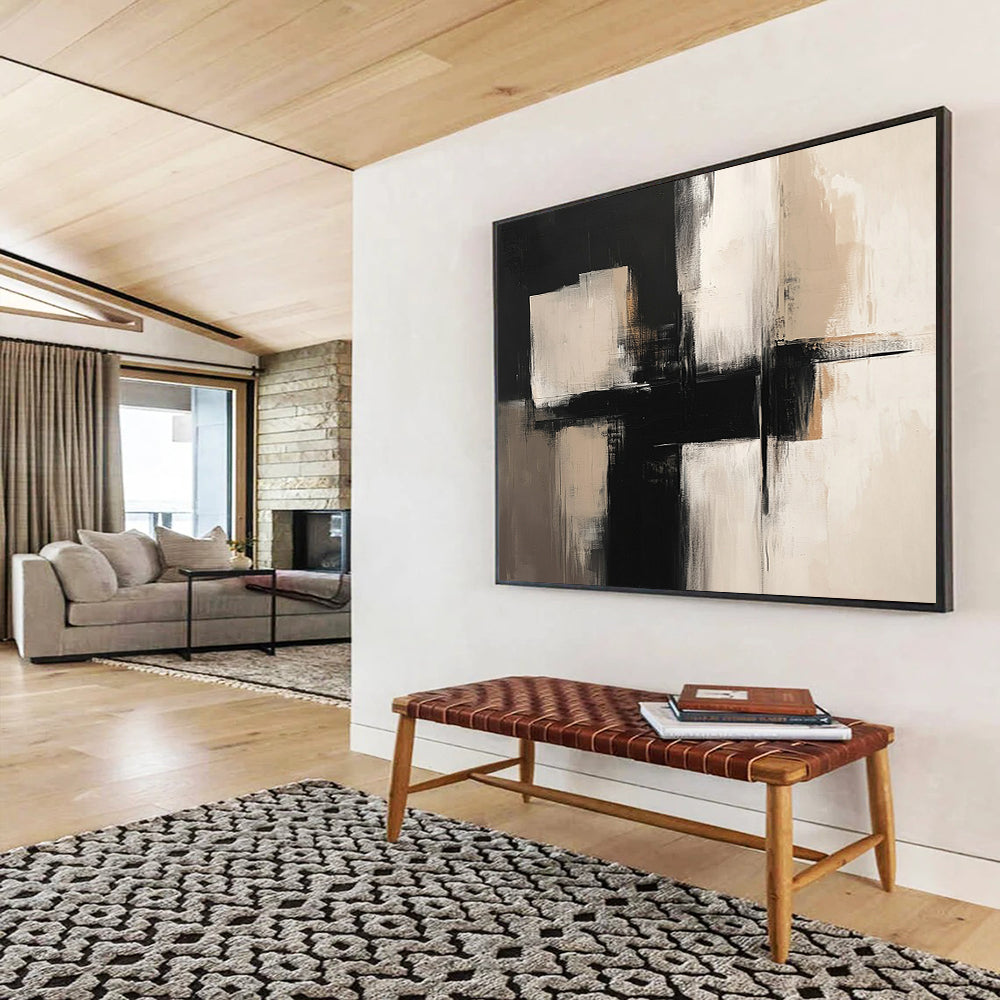 “Monochrome Geometry” - Black, White, Beige, Abstract Forms - Minimalist Acrylic Painting HB1517