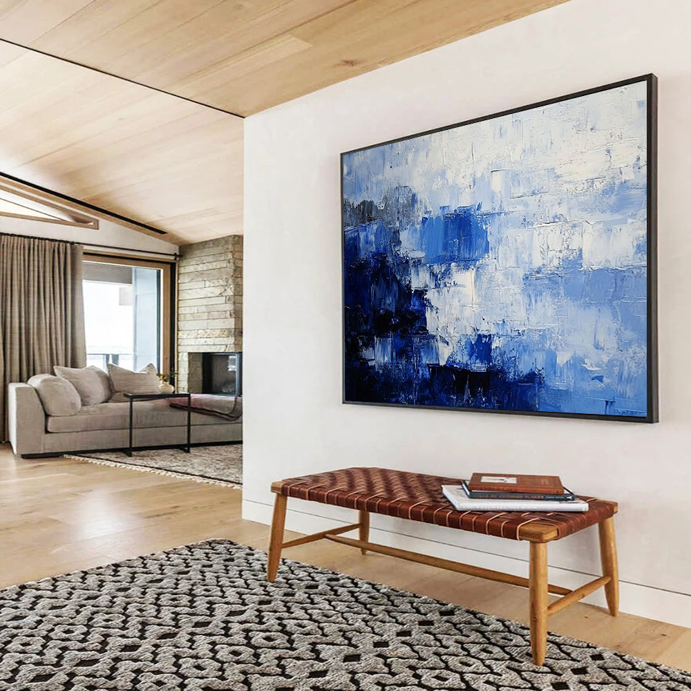 “Blue - Gray Abstract Block Patterns” - Blue, Gray, Block Shapes Painting On Canvas HB0837