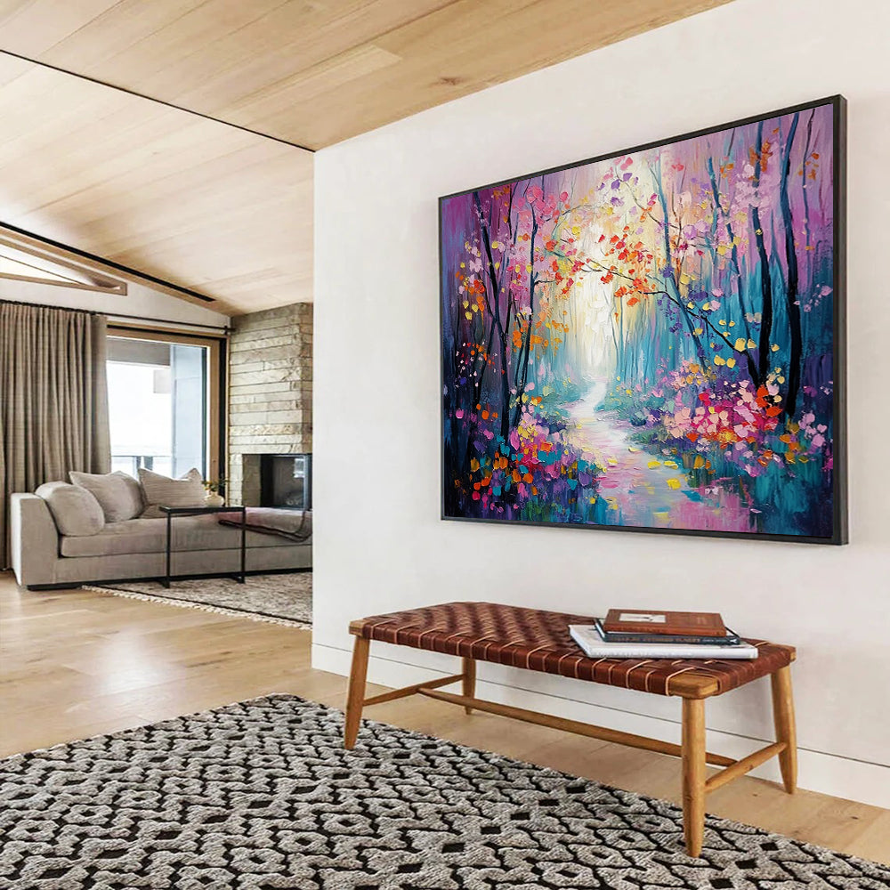 “Colorful Enchanted Forest Path” - Purple, Pink, Yellow, Blue, Flower - Lined Path - Whimsical Oil Painting HB1700