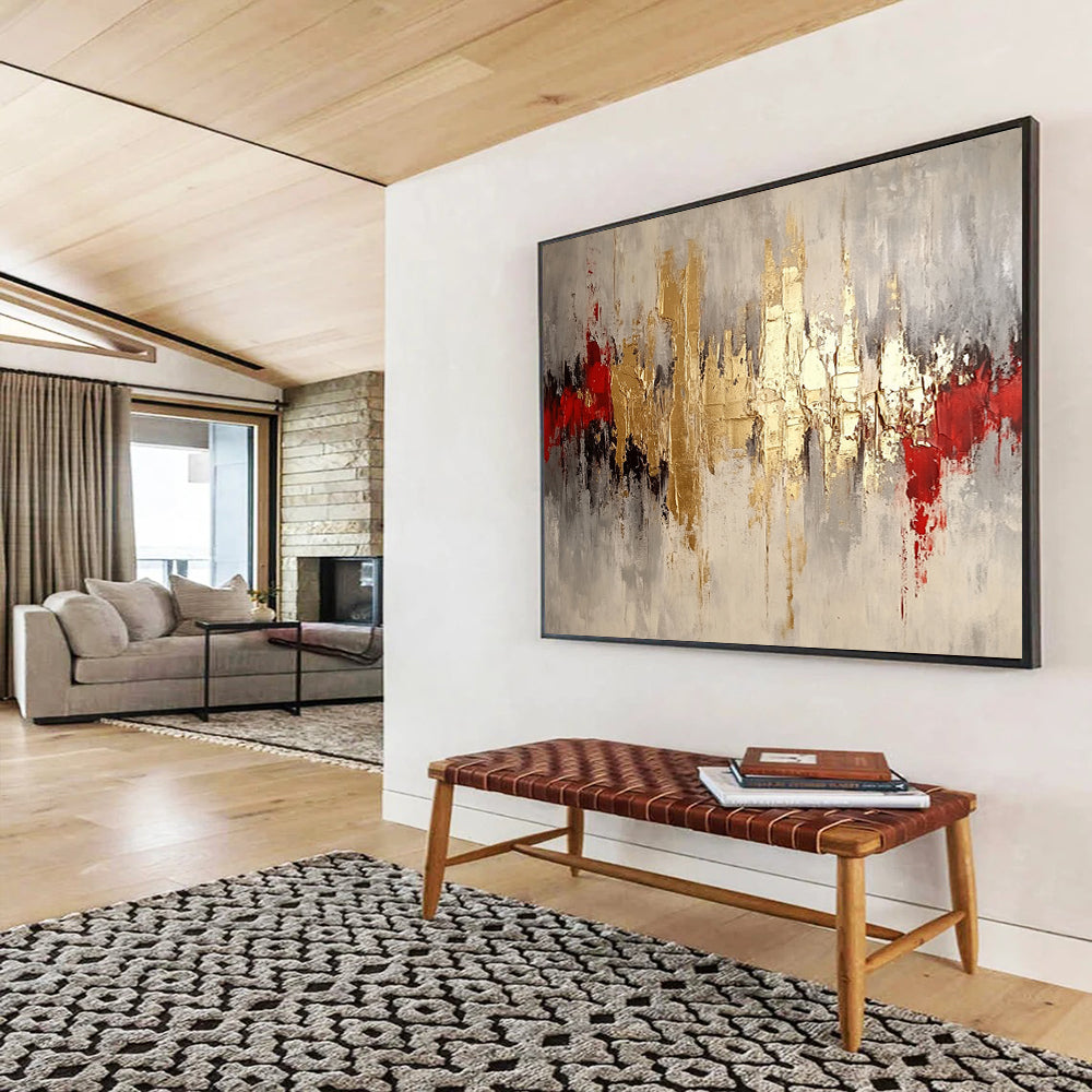 “Gilded Cityscape” - Gold, Gray, Red, Textured Abstract Skyline Painting On Canvas HB1042