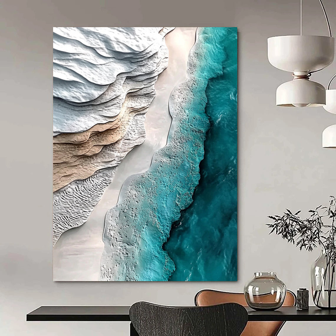 Contemporary hand-painted abstract art capturing serene white sand and turquoise water in a hyper-realistic aerial view. Ideal for modern decor. DLZ0280