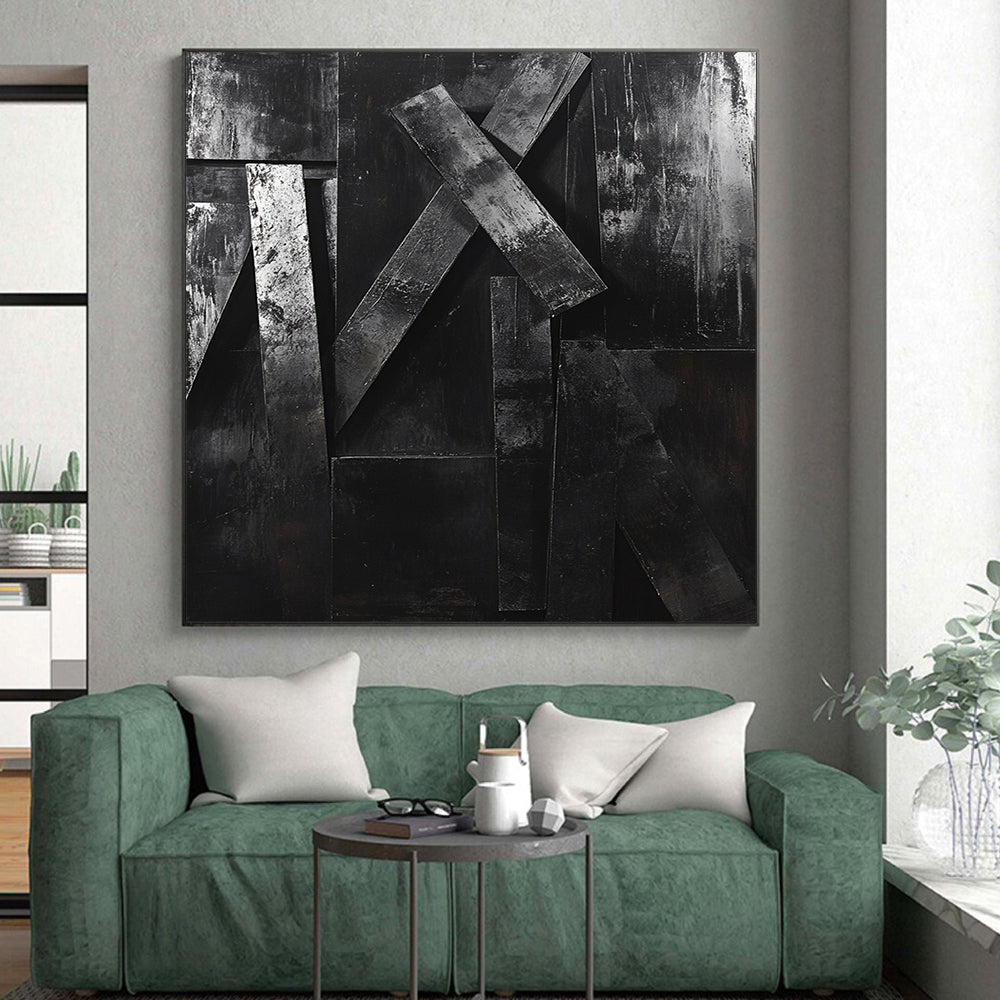 Textured Black Geometric Forms "Raw Structure" Painting On Canvas HB294