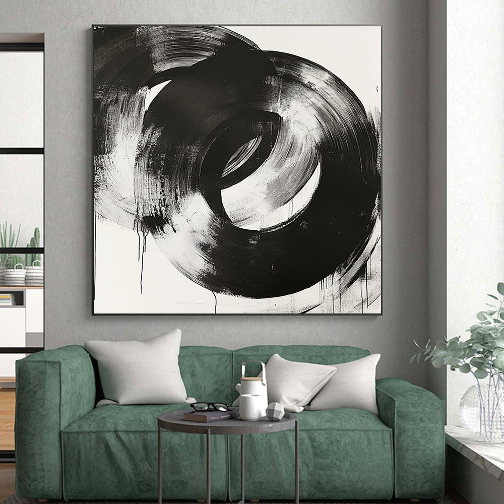 Black, White, Overlapping Circular Strokes "Ink Rings" Abstract Minimalist Painting On Canvas HB136