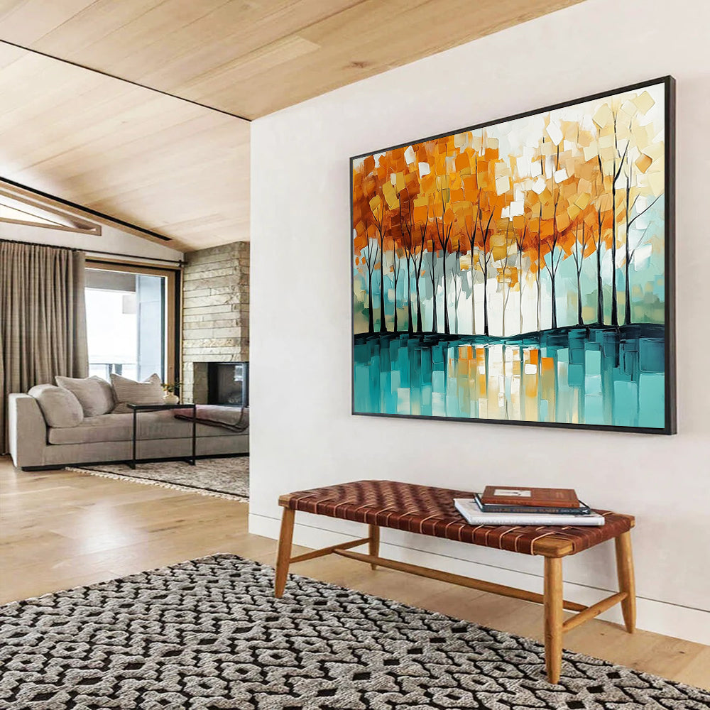 “Autumn Tree Reflection” - Orange - yellow trees, teal reflection, Abstract Landscape Painting On Canvas HB0566