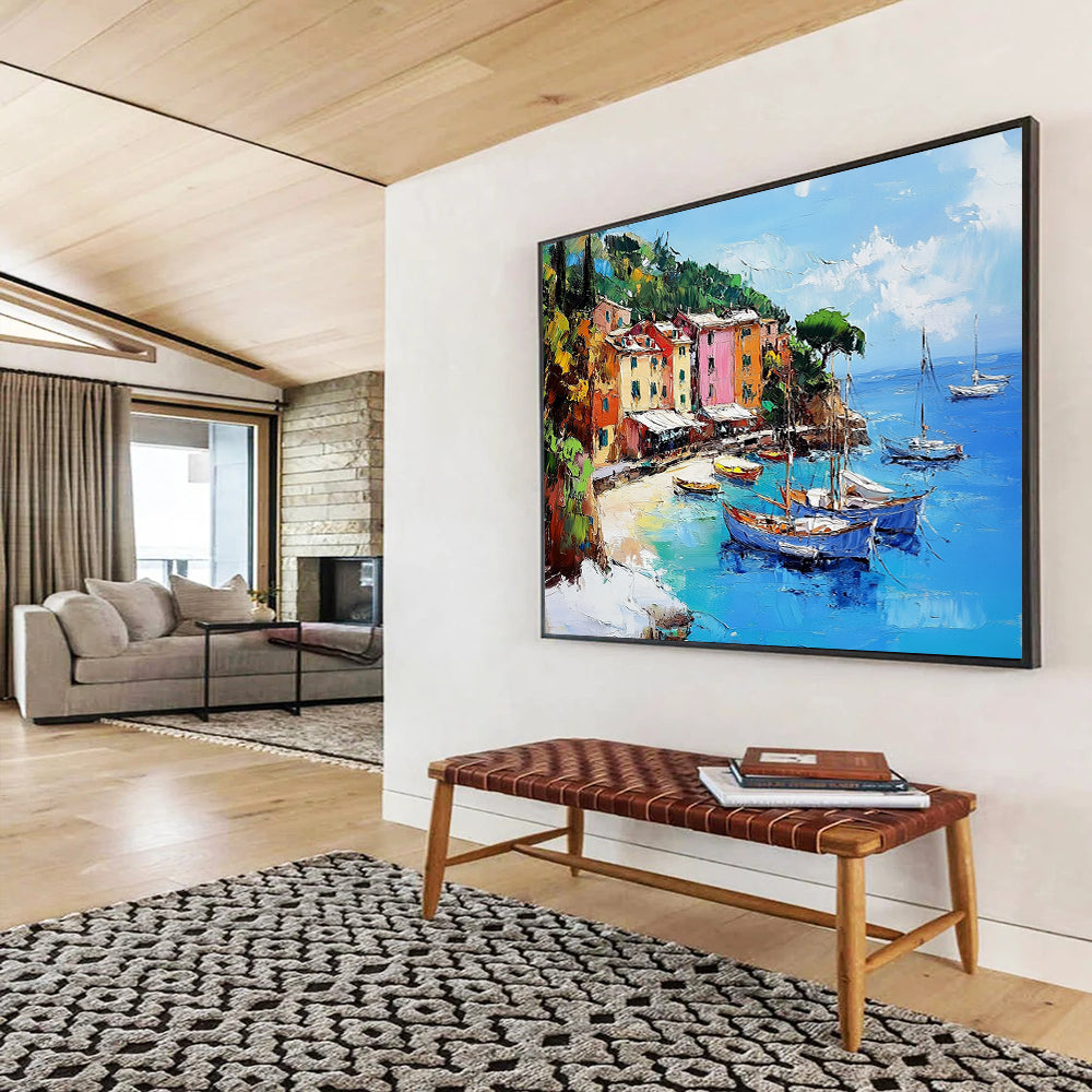 “Coastal Village Charm” - Vibrant Colors, Mediterranean Village by the Sea - Impasto Oil Painting HB1746